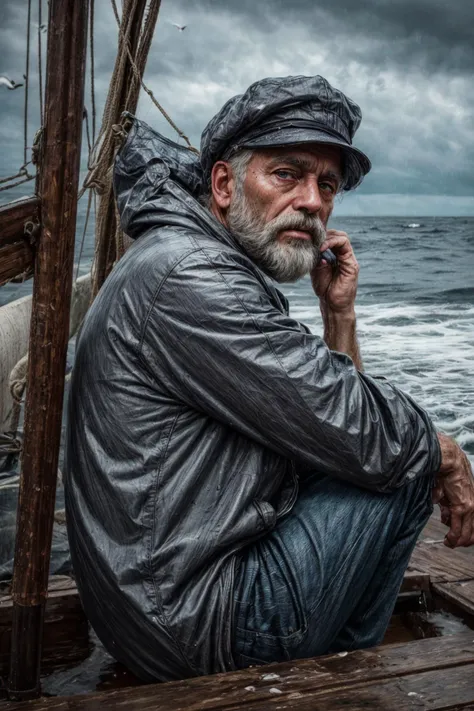 (RAW photo, 8k uhd, Analog style, Masterpiece, Best Quality, Highres:1.4), (dramatic, cinematic:1.2), BREAK,
shot of (80 yo:1.2) (old male:1.3) (fisherman:1.25) (sailor man:1.25) (sitting:1.1) (on deck:1.35) of (old dilapidated:1.2) (wooden sailboat:1.3), against railing, (from side:1.2), (stern face:1.2), (deep wrinkles:1.2), (gray long beard:1.3), (grey eyes:1.2), ((shabby:1.2) old (torn:1.15) (raincoat:1.1), brown (pants:1.1), (sailor hat:1.1) (sou'wester:1.2), jackboots:1.1), (lowered head:1.2), (tired sad expression:1.15), BREAK,
(stormy sea, gloomy dark clouds:1.2) on background, (splashes, water drops, rain:1.25), (seafoam:1.1), (flying white seagulls:1.25), (rocks, cliffs:1.3), (dark haze:1.2), (wet clothes:1.1), fishing (nets with fish:1.3) on deck, (ropes:1.1), (tense hopeless eerie atmosphere, cold, floes:1.2), BREAK,
(photorealistic:1.3), (rough details, (male focus:1.1):1.2), (desaturated, cold lighting:1.3), (hyperdetailed, absurdres:1.2), BREAK,
<lora:more_details:0.9>,
<lora:zoom_slider_v1:4.66>,