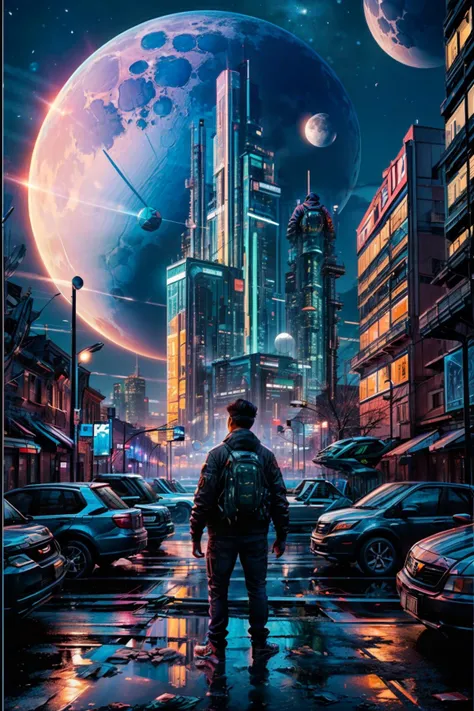 (ultra realistic,32k, masterpiece:1.2),(high detailed skin:1.1),( high quality:1.1), <lora:Scifi_Environment_Concept_Art:0.8>, solo, short hair, black hair, 1boy, standing, jacket, male focus, outdoors, pants, bag, from behind, night, moon, backpack, ground vehicle, building, scenery, motor vehicle, city, facing away, car, cyberpunk, blurry background, <lora:add_detail:0.92>,