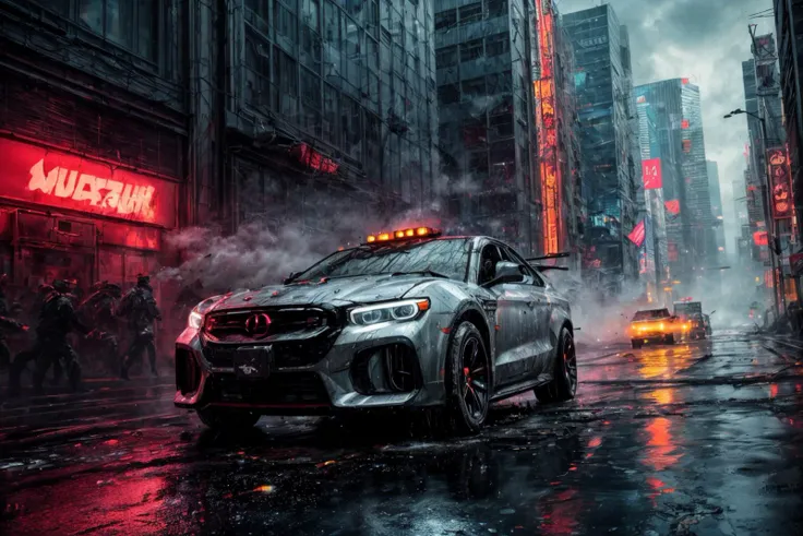 (RAW photo, 8k uhd, Analog style, Masterpiece, Best Quality, Highres:1.3), (dramatic, cinematic:1.2), BREAK,
shot of (ultra-detailed:1.1) (military:1.4) (cyberpunk:1.3) (battlecar:1.35) (armed with turret machine gun and grenade launchers:1.33) (rushing:1.3) through (cyberpunk city street:1.35), ((glossy:1.1) technological futuristic design:1.2), (drifting:1.3) (sportcar:0.3), (neon lights:1.1), (wet asphalt, reflections:1.2), (firing tires:1.35), (water splash, puddles:1.32), (debris:1.32), (steam:1.3), (frightened:1.1) (pedestrians:1.4), (bright day:1.15), (daytime:1.15) (cloudy sky, (rain:1.1):1.2), (skyscrapers:1.15), BREAK,
(photorealistic:1.2), (dutch angle:1.4), (light particles, colorful:1.2), (action moviee, dynamic composition, fast, chasing:1.3), (motion blur, motion lines:1.3), (cyberpunk, science fiction, blockbuster, military vehicle, volumetric light:1.3), (daylight:1.2) (noir:0.5) (urban atmosphere, vehicle focus, cinematic tone, shiny, glowing, intricate, electricity, red purple aqua color scheme, graffiti, (dust:1.1), no humans:1.2), BREAK,
<lora:more_details:1.0>,
<lora:zoom_slider_v1:2.0>