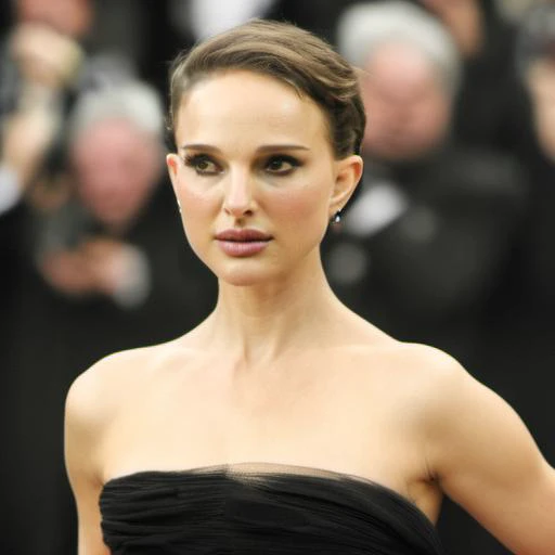 <lora:natalie_portman_loha:1>n4t4li3, natalie portman, n4t4li3, natalie portman, 1girl, dress, realistic, freckles, brown eyes, bare shoulders, solo focus, black dress, looking at viewer, brown hair, strapless, short hair, lips, strapless dress, black hair, blurry, parted lips