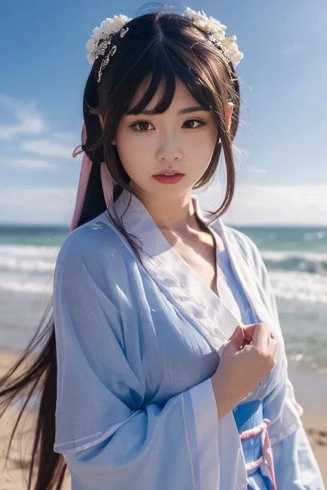 ltra-detailed,highly detailed,best quality,masterpiece,illustration,realistic,photorealistic,
baimoqing, 1girl, solo,
hanfu, sash, long sleeves, chinese clothes, ribbon, wide sleeves, jewelry, tassel,see-through, coat,
very long hair, hair ornament, hair ribbon, hair bun, low twintails,
upper body, looking at viewer,
outdoors, beach, water, waves, ocean, sand, day, shore, sky, splashing, cloud, blue sky, flower, wind,floating hair,
<lora:baimoqing_v1_07:0.7>