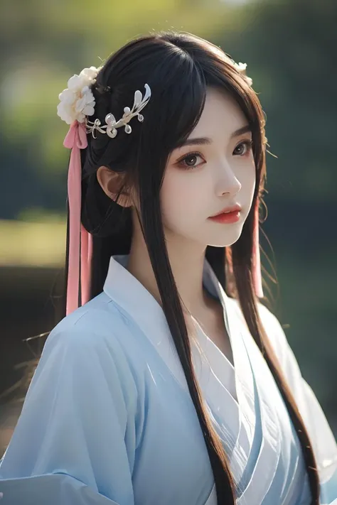 ltra-detailed,highly detailed,best quality,masterpiece,illustration,realistic,photorealistic,baimoqing,1girl,solo,hanfu,upper body,looking at viewer,<lora:baimoqing_v1_07:0.7>,