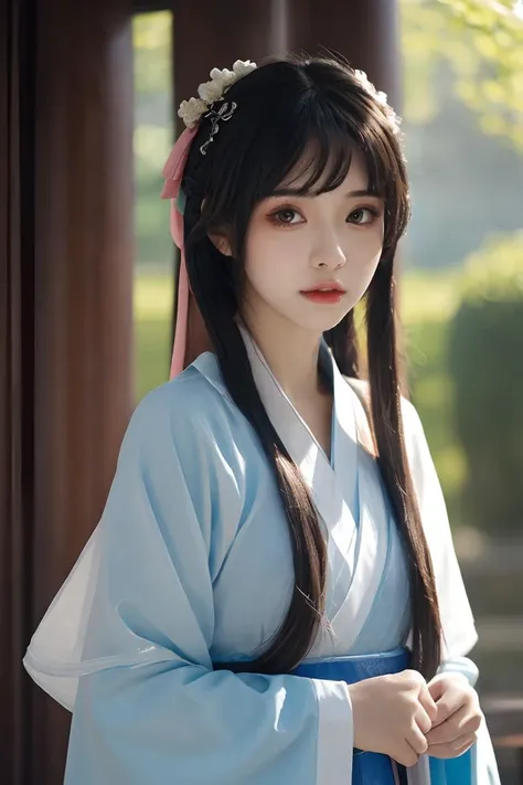 ltra-detailed,highly detailed,best quality,masterpiece,illustration,realistic,photorealistic,baimoqing,1girl,solo,hanfu,upper body,looking at viewer,<lora:baimoqing_v1_07:0.6>,