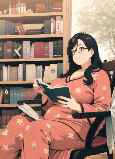 <lora:Haruno Style:1>, A portrait of a Curvy Woman, wearing pajamas, reading a book, In a chair, Cozy Setting, fireplace, bookshelves