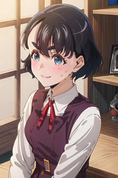Anime girl with blue eyes and a red tie standing in front of a window ...