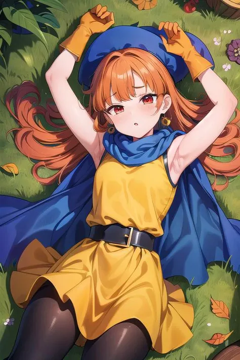 1 girl、High resolution、masterpiece、(alena-dq4、DQ4-ALENA、orange hair)、smile、standing with legs spread、slouch、slender、muscular、thin thighs、tits、outdoor、Sunny sky、sunny、navy blue hat、(((yellow fluffy shirt、Sexual black loincloth with detailed decorations)))、Photograph her from below