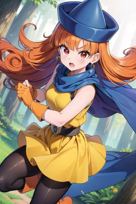 masterpiece, best quality,ultra detail, <lora:anmnr01:0.3>  <lora:add_detail:0.5>,<lora:GoodHands-vanilla:0.8>  1girl, <lora:dq4-alena:0.7>dq4-alena,forest,fighting pose,dynamic angle,black pantyhose,blue cape,blue headwear,boots,curly hair,earrings,long hair,orange gloves,orange hair,red eyes,sleeveless,yellow dress,yellow skirt,