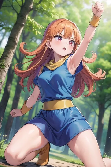 masterpiece, best quality,ultra detail, <lora:anmnr01:0.3> <lora:add_detail:0.5>,<lora:GoodHands-vanilla:0.8> 1girl, <lora:dq4-alena:0.7>dq4-alena,forest,fighting pose,dynamic angle