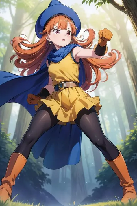 masterpiece, best quality,ultra detail, <lora:anmnr01:0.3> <lora:add_detail:0.5>,<lora:GoodHands-vanilla:0.8> 1girl, <lora:dq4-alena:0.7>dq4-alena,forest,fighting pose,dynamic angle,black pantyhose,blue cape,blue headwear,boots,curly hair,earrings,long hair,orange gloves,orange hair,red eyes,sleeveless,yellow dress,yellow skirt,