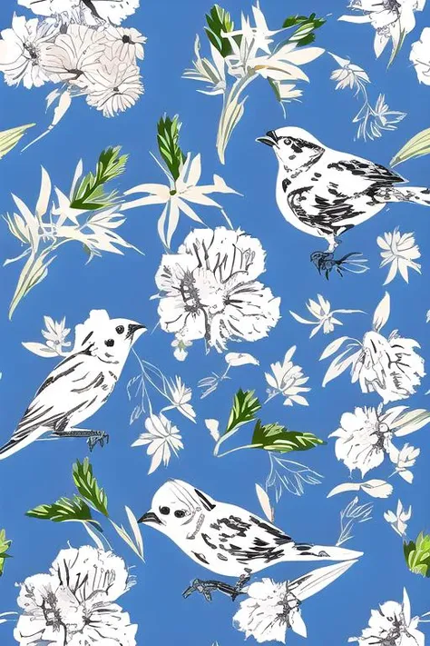 flowers and vines pattern with birds on a blue background