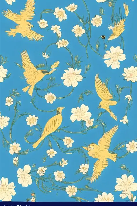 flowers and vines pattern with birds on a blue background