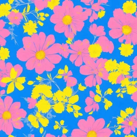 a yellow and blue pattern with flowers on a pink background