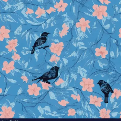 flowers and vines pattern with birds on a blue background