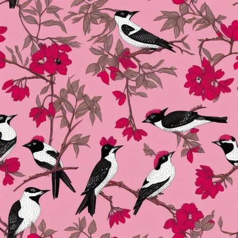 red flowers and vines pattern with woodpeckers on a pink background