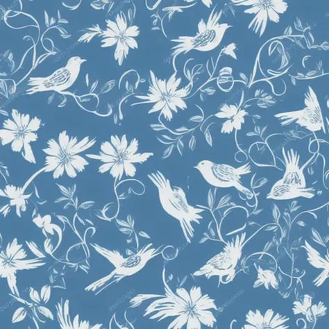 flowers and vines pattern with birds on a blue background