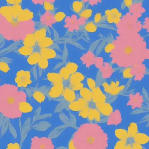 a yellow and blue pattern with flowers on a pink background