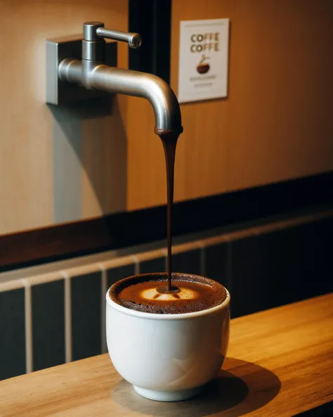 <lora:served_from_sink_faucet_v1:0.5>, restaurant, food, coffee cup, coffee, food focus, what, still life, sink, faucet, no humans, reflection, table, studio photo
