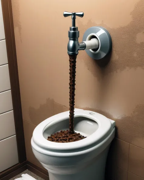 <lora:served_from_sink_faucet_v1:0.5>, (toilet:1.1), (toilet lid:1.1), poop, feces, brown, juicy, wet, food focus, what, still life, sink, faucet, no humans, reflection, studio photo, bathroom, realistic, detailed