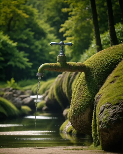 <lora:served_from_sink_faucet_v1:0.5>, tap on a tree, still life, sink, faucet, no humans, reflection, (water:1.2), nature, trees, leaves, grass, studio photo, detailed, (outside:1.2)