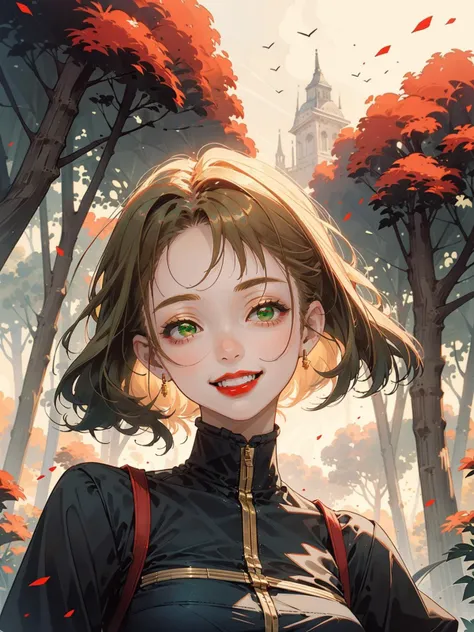 1girl,solo,game cg,red lips,green eyes,golden curly hair,upper body,portrait,outdoors,smile,<lora:水墨-000012:0.5>,