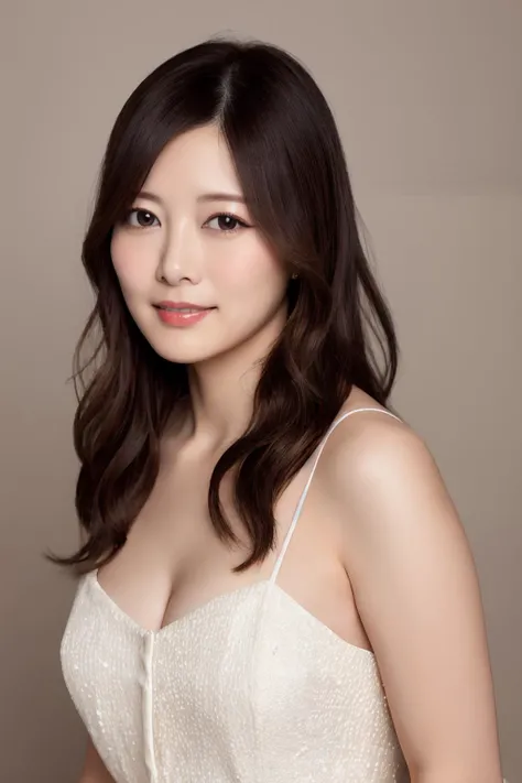 1girl, solo, masterpiece, looking at viewer, simple background, white background, ,cowboy shot, black dress, happy,makeup, maiyan, <lora:maiyan:0.7>,