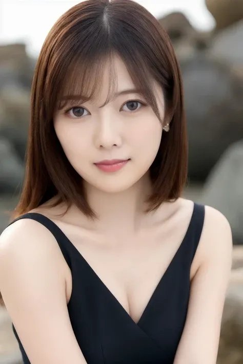 1girl, solo, masterpiece, looking at viewer, simple background, white background, ,cowboy shot, black dress, happy,makeup, maiyan, <lora:maiyan:0.7>,