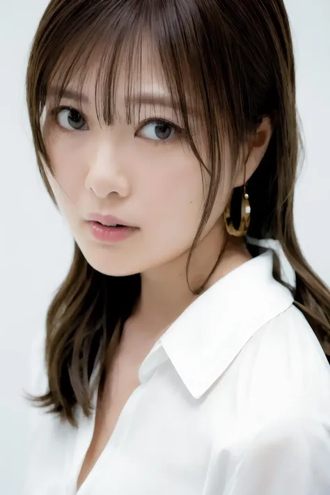 raw photo, 1girl, medium breast, collared blouse, White blouse、light smile, detailed skin, pore, simple background, anatomically correct、Upper body、White blouse、, photorealistic, masterpiece, best quality, UHD