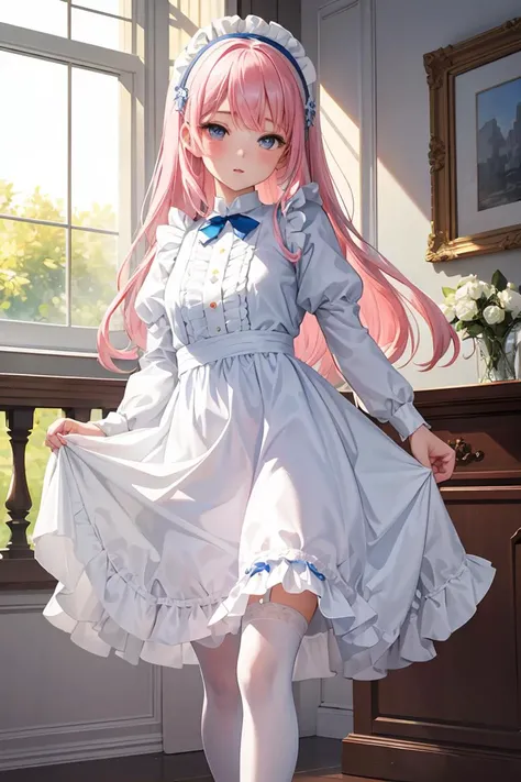 (masterpiece, best quality), 1girl, blue and white frill dress, (white stockings), pink hair, cute face, standing, indoor, intricate detail, sunlight,