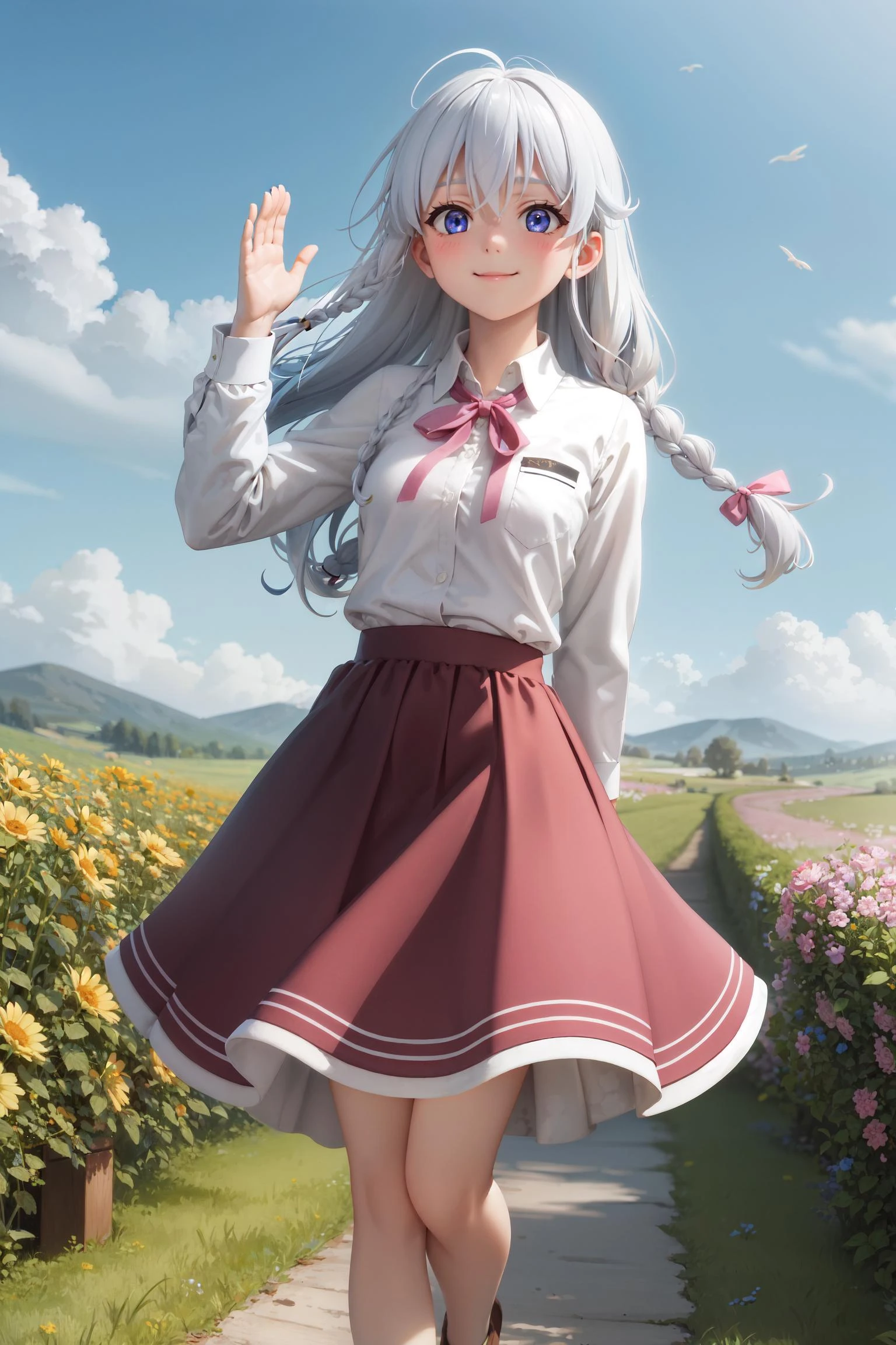 (masterpiece:1.3), (absurdres:1.3), (best quality:1.3), (ultra-detailed:1.3), 1girl, ph elaina, Eoutfit4, elaina (majo no tabitabi), solo, long hair, bow, white shirt, blush, skirt, bangs, hair between eyes, blue eyes, bowtie, hair bow, collared shirt, long sleeves, shiny hair, neck ribbon, dress shirt, sidelocks, pleated skirt, pocket, hair tubes, white hair, single braid, wing collar, pink ribbon, school uniform, shiny, hair ribbon, bright smile, full body, day, clear sky, looking at sky, look Up, meadow background, closed mouth, (wind:1.2), flowers flying in the wind, <lora:elaina-ph_64:1>, dynamic pose, waving,