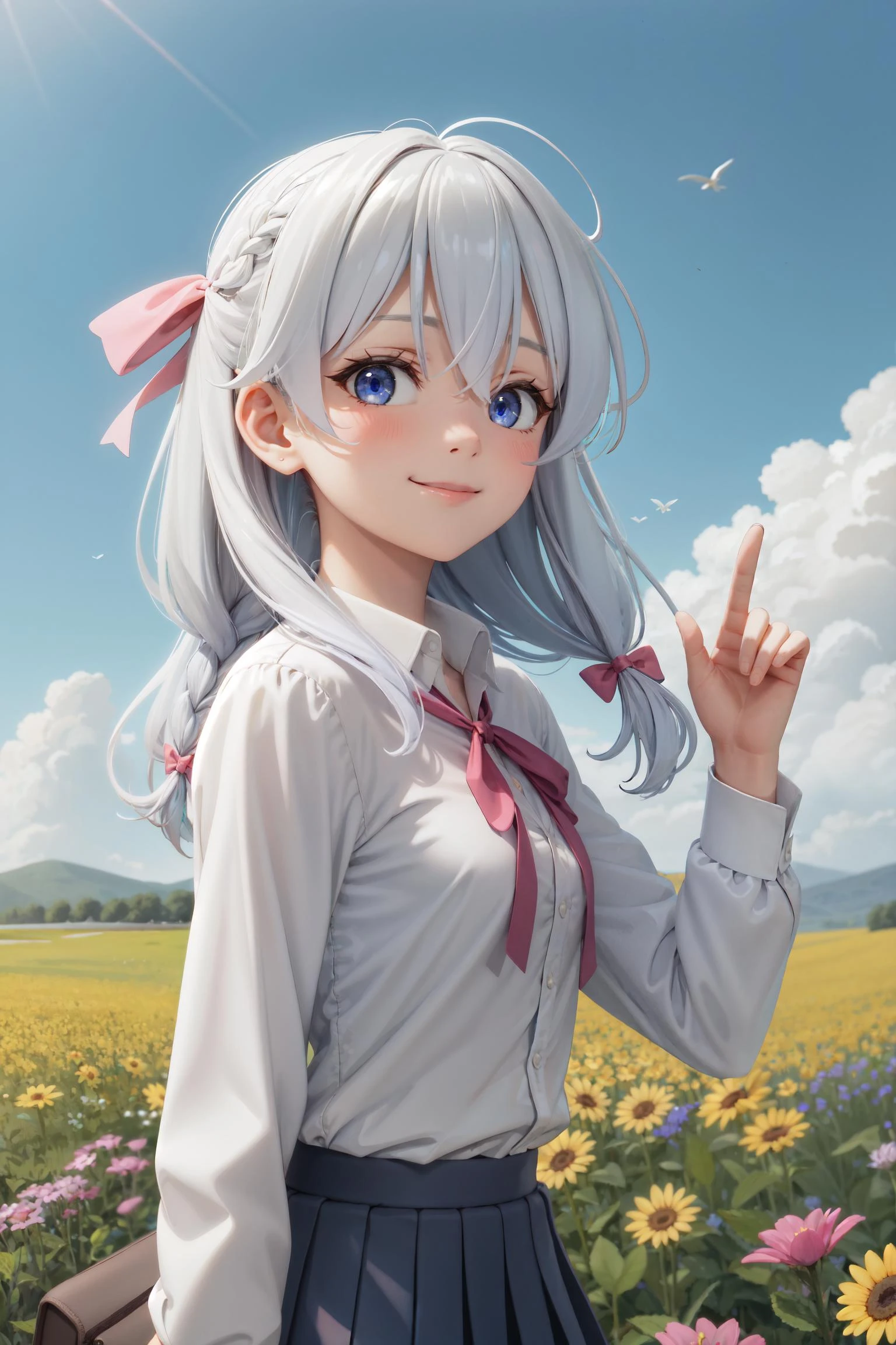 (masterpiece:1.3), (absurdres:1.3), (best quality:1.3), (ultra-detailed:1.3), 1girl, ph elaina, Eoutfit4, elaina (majo no tabitabi), solo, long hair, bow, white shirt, blush, skirt, bangs, hair between eyes, blue eyes, bowtie, hair bow, collared shirt, long sleeves, shiny hair, neck ribbon, dress shirt, sidelocks, pleated skirt, pocket, hair tubes, white hair, single braid, wing collar, pink ribbon, school uniform, shiny, hair ribbon, bright smile, upper body, day, clear sky, looking at sky, look Up, meadow background, closed mouth, (wind:1.2), flowers flying in the wind, <lora:elaina-ph_64:1>, dynamic pose, v, <lora:GoodHands-vanilla:1>, nice hands,