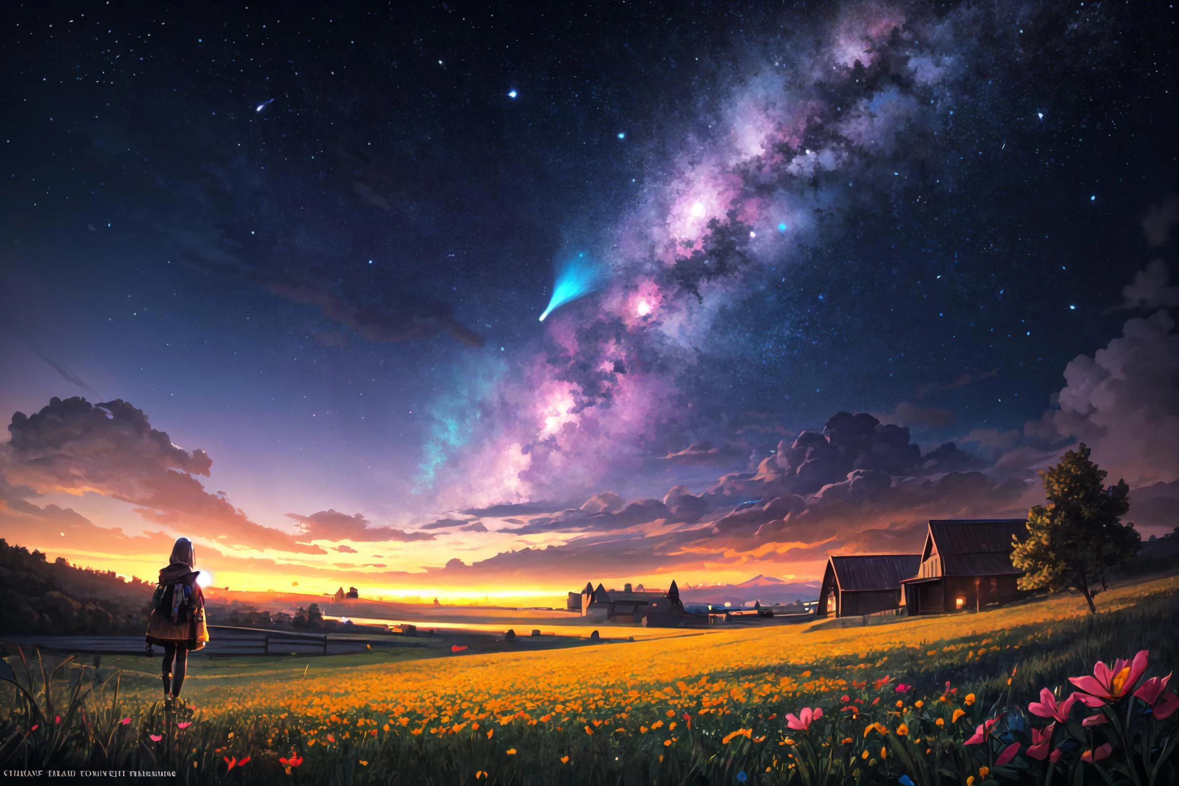 (masterpiece:1.3), (absurdres:1.3), (best quality:1.3), (ultra-detailed:1.3), <lora:add_detail:0.25>, <lora:more_details:0.25>, expansive landscape photograph , (a view from below that shows sky above and open field below), a girl standing on flower field looking up, (full moon:1.2), ( shooting stars:0.9), (nebula:1.3), distant mountain, tree BREAK
production art, (warm light source:1.2), (Firefly:1.2), lamp, lot of purple and orange, intricate details, volumetric lighting BREAK
(masterpiece:1.2), (best quality), 4k, ultra-detailed, (dynamic composition:1.4), highly detailed, colorful details,( iridescent colors:1.2), (glowing lighting, atmospheric lighting), dreamy, magical, (solo:1.2)