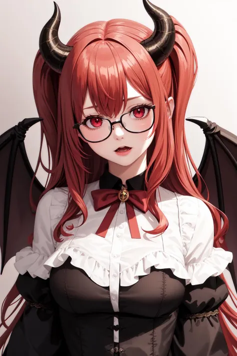 (masterpiece, best quality), Realistic , Photorealistic, demon wings, wings, 1****, glasses, demon girl, horns, crescent hair ornament, crescent, adjusting eyewear, demon horns, red hair, bat wings, hair ornament, solo, long hair, open mouth, capelet, brown wings, red eyes, frills, fang, ahoge, bespectacled, two side up, park background, upper body, blush, heterochromia, dress, frilled capelet, long sleeves, black-framed eyewear, looking at viewer, semi-rimless eyewear, sleeves past wrists, ribbon, red ribbon