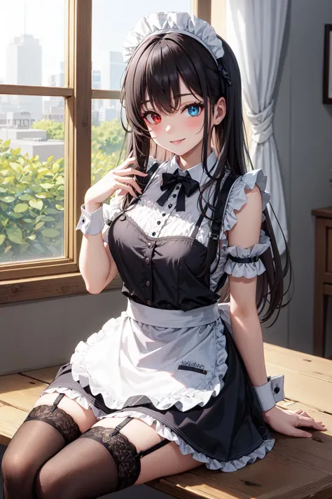 masterpiece, best quality, incredibly absurdress, highres, (high detail eyes:1.3), high detail background, 1girl, heterochromia, maid, rating:safe, maid_headdress, window, crossed_legs, enmaided, apron, thighhighs, red_eyes, blue_eyes, solo, long_hair, maid_apron, sitting, smile, garter_straps, looking_at_viewer, sunlight, black_legwear, alternate_costume, indoors,