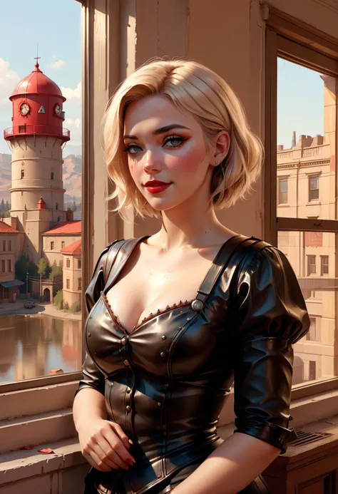 light academia aesthetic trending on polycount, facial expression, loving, smile, upturned lips,  style of tom bagshaw, red dead redemption art style, in the midst of a beige background, street scene with water tower, reflecting the ambient light. profjen is positioned in front of a large window, airy, scholarly, classic literature, soft pastels  <lora:Prof_Jen_SDXL-000006:0.6>