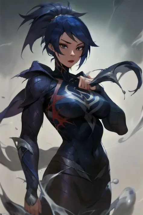 Akali bonds with the venom symbiote, it bonds with her granting her great power and pleasure. It reforms her traditional clothing into formidable armor.
Liquid armor, Liquid clothes, Marvel Venom, Akali, Corruption, Smug, lustful eyes, fangs