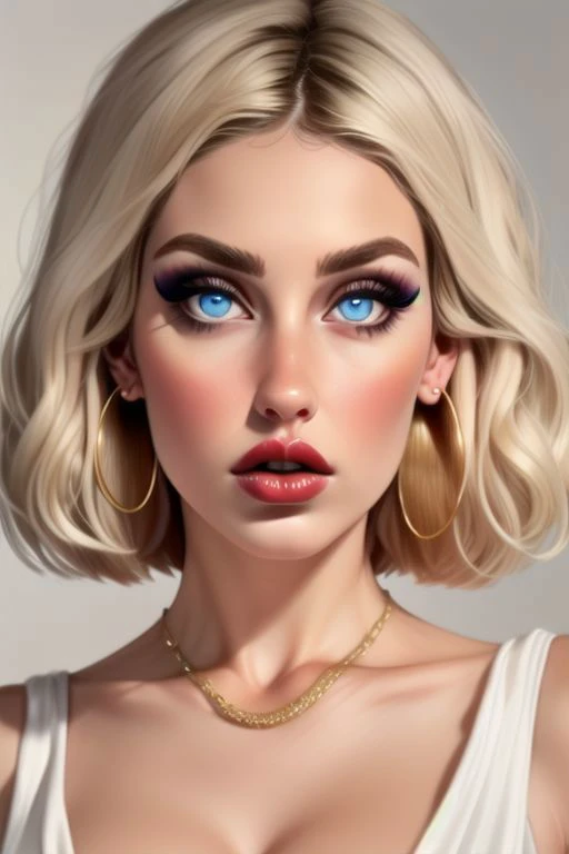 portrait, white mature 40 years old woman, blonde, blue eyes, passion face, short hair, blonde, blue eyes, short hair, dynamic sexy pose, perfectly round average breast, Expressive, ultra detailed, 8K, high resolution, perfectly round breasts, a few wrinkles on face, round earrings, necklace, milfpeaches, makeup, red lips, curvy, plump