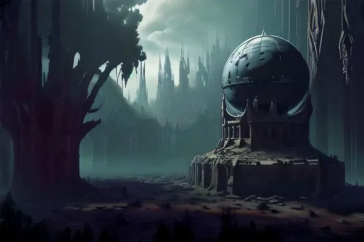 landscape, gigantic crumbling earth, zoomed in from out of space, inverted world, side view of a broken, hollow globe, dark earth, bricks, sick roots, tree stumps, remains of civilization floating out of frame, a single, lone adventurer is climbing down the roots, lands in between, darkest dungeon