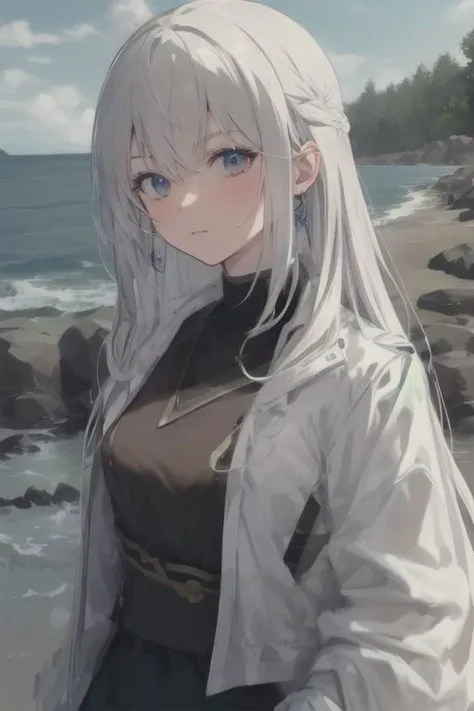 masterpiece, best quality,2k detail,1girl, solo, beautiful,
small breast, upper body, slender figure, armpits, long hair, white hair, hair ornament, earrings, blue eyes, seductive gaze, innocent, white shirt, red cape, short sleeves, outdoors, sunset, beach, fantasy, Shizuna
