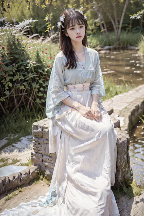 masterpiece, best quality, winter, snow field,
1girl, <lora:zhuer:0.75>, blunt bangs,brown hair,<lora:hanfuSong_v35:0.7>, light blue short shan,translucent white pleated skirt, red songmo fruit, full body,long hair, looking at viewer, red flower, red rose, rose, shoes, sitting, solo,
sky, sun, mountain, forest, lake,