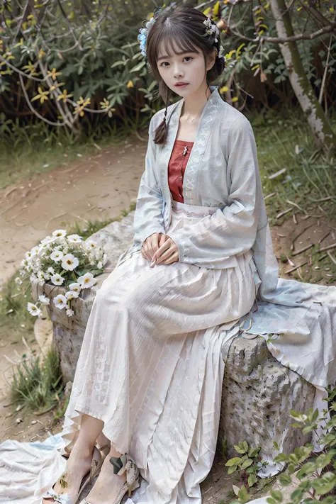 masterpiece, best quality, winter, snow field,
1girl, <lora:zhuer:0.75>, blunt bangs,brown hair,<lora:hanfuSong_v35:0.7>, light blue short shan,translucent white pleated skirt, red songmo fruit, full body,long hair, looking at viewer, red flower, red rose, rose, shoes, sitting, solo,
sky, sun, mountain, forest, lake,
