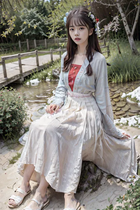 masterpiece, best quality, winter, snow field,
1girl, <lora:zhuer:0.75>, blunt bangs,brown hair,<lora:hanfuSong_v35:0.7>, light blue short shan,translucent white pleated skirt, red songmo fruit, full body,long hair, looking at viewer, red flower, red rose, rose, shoes, sitting, solo,
sky, sun, mountain, forest, lake,