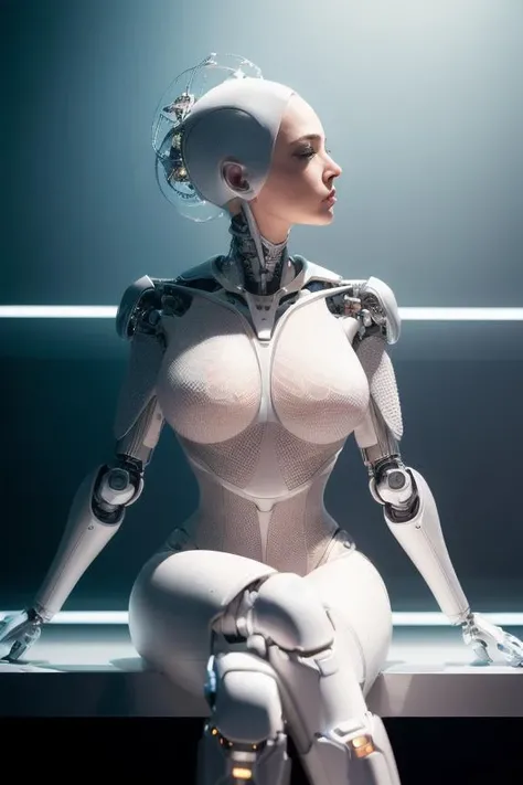 (american:1.5),complex 3d render ultra detailed of a beautiful porcelain profile woman android face, cyborg, robotic parts, 150 mm, beautiful studio soft light, rim light, vibrant details, luxurious cyberpunk, lace, hyperrealistic, anatomical, facial muscles, cable electric wires, microchip, elegant, beautiful background, octane render, H. R. Giger style, 8k, best quality, masterpiece, illustration, an extremely delicate and beautiful, extremely detailed ,CG ,unity ,wallpaper, (realistic, photo-realistic:1.37),Amazing, finely detail, masterpiece,best quality,official art, extremely detailed CG unity 8k wallpaper, absurdres, incredibly absurdres, robot, silver halmet, full body, sitting