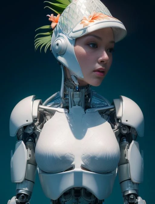 (hawaiian:1.5),complex 3d render ultra detailed of a beautiful porcelain profile woman android face, cyborg, robotic parts, 150 mm, beautiful studio soft light, rim light, vibrant details, luxurious cyberpunk, lace, hyperrealistic, anatomical, facial muscles, cable electric wires, microchip, elegant, beautiful background, octane render, H. R. Giger style, 8k, best quality, masterpiece, illustration, an extremely delicate and beautiful, extremely detailed ,CG ,unity ,wallpaper, (realistic, photo-realistic:1.37),Amazing, finely detail, masterpiece,best quality,official art, extremely detailed CG unity 8k wallpaper, absurdres, incredibly absurdres, robot, silver halmet, full body, sitting.