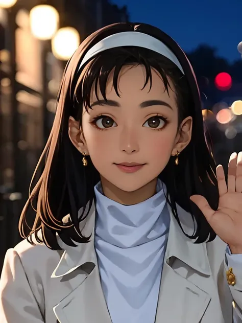 best quality, ultra high res, 8K, white shirt,COAT, 1girl,Headband, (wave hand), looking at viewer, beautiful face, detailed face, bnm,  <lora:bnm:1>, upper body,street, tokyo, night, lights,  (ulzzang-6500-v1.1:0.7), light on face