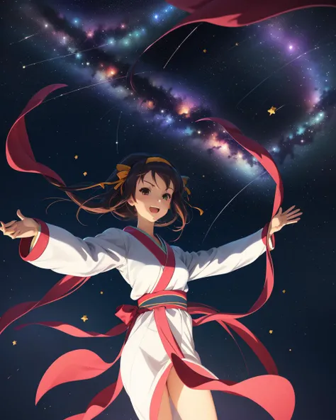 masterpiece, best quality, solo, 1girl, light blue kimono, open eyes, looking at viewer, facing viewer, Haruhi Suzumiya, hands outstretched, clouds, light particles, celestial maiden robe, front view, upper body only, japanese style, long sleeves, milky way background, starry sky, night, floating in space <lora:celestial_maiden_robe:0.75>, <lora:HaruhiSuzumiya:1>