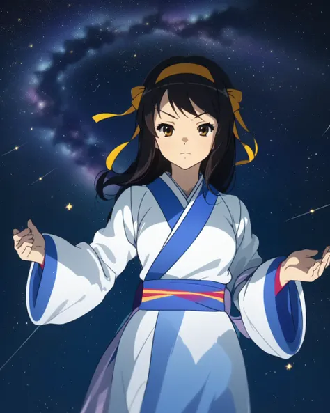 masterpiece, best quality, solo, detailed, 1girl, light blue kimono, open eyes, looking at viewer, facing viewer, Haruhi Suzumiya, clouds, light particles, celestial maiden robe, front view, upper body only, japanese style, long sleeves, milky way background, starry sky, night, floating in space <lora:celestial_maiden_robe:0.9>, <lora:HaruhiSuzumiya:1>