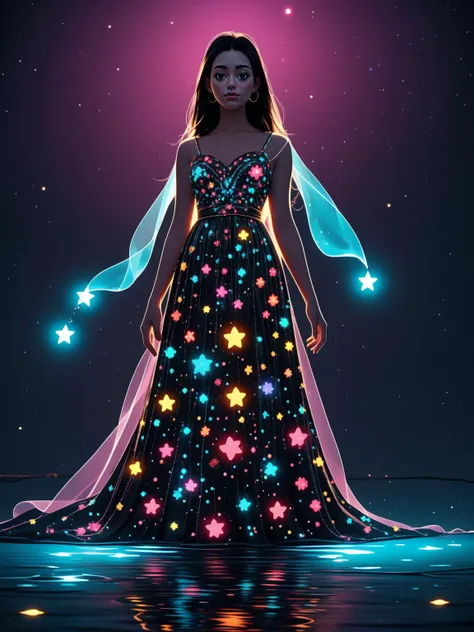 breathtaking 1girl, standing on shallow water, dark moonless sky background, dress hems floating gently on the surface of the water, <lora:GEMSHADOW-noise-common:0.8> gemshadow <lora:celestial_maiden_robe:1> celestial maiden robe <lora:_20231008103644:0.8> glowing body, in dark, neon lamp, masterpiece, award-winning, professional, highly detailed, <lora:lcm-lora-sdv1-5:0.7>