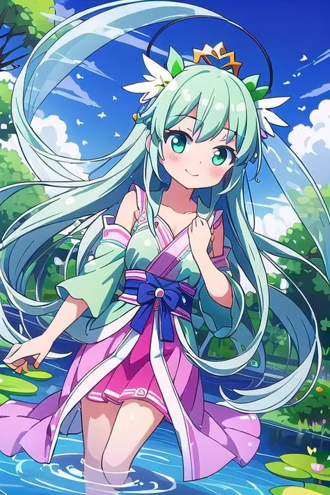 masterpiece,best quality, girl,blush,smile,green celestial maiden robe,floating feather ,<lora:celestial_maiden_robe:0.7>,celestial fountain,cloud,forest,pond,floating on water surface