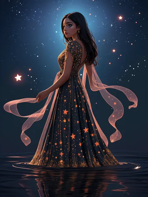 breathtaking 1girl, standing on shallow water, dark moonless sky background, dress hems floating gently on the surface of the water, <lora:GEMSHADOW-noise-common:0.8> gemshadow <lora:celestial_maiden_robe:1> celestial maiden robe, masterpiece, award-winning, professional, highly detailed, <lora:lcm-lora-sdv1-5:0.7>