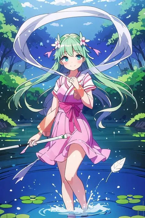 masterpiece,best quality, girl,blush,smile,green celestial maiden robe,floating feather ,<lora:celestial_maiden_robe:0.7>,celestial fountain,cloud,forest,pond,floating on water surface